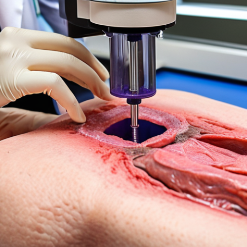 Home 15 **Bio-printer creating a human skin graft for burn victims.** Focus on the technology, highlighting the precision and potential for personalized medicine. The setting should be a sterile, modern laboratory. Include a doctor or scientist observing the process. (Keywords: bioprinting, skin graft, burn treatment, personalized medicine, lab, scientist)