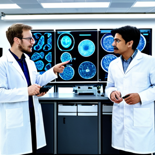 Home 14 A group of diverse, professional scientists and engineers in modest lab coats and appropriate attire, gathered around a state-of-the-art bioprinter in a brightly lit, modern biotechnology laboratory. They are engaged in a collaborative discussion, pointing at data on a large screen displaying complex biological structures, with a focus on teamwork and innovation. The scene emphasizes interdisciplinary research, with various lab equipment like microscopes and computer workstations visible in the background. fully clothed, safe for work, appropriate content, professional, perfect anatomy, correct proportions, natural pose, well-formed hands, proper finger count, natural body proportions, high quality, professional photography.
