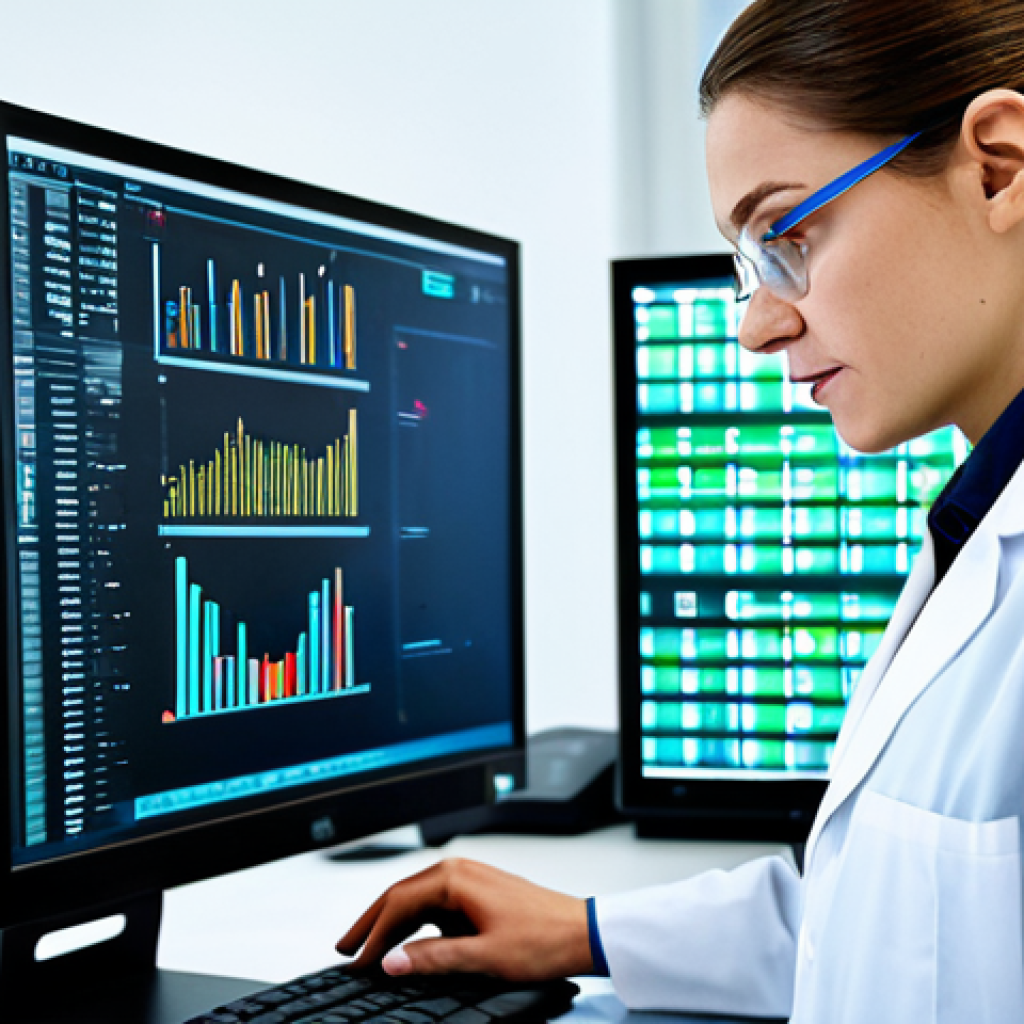 바이오프린팅의 법적 규제 및 이슈 - Data Security in Bio-Printing**
A brightly lit, modern laboratory. A female scientist, fully clothe...