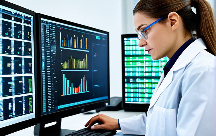 바이오프린팅의 법적 규제 및 이슈 - Data Security in Bio-Printing**
A brightly lit, modern laboratory. A female scientist, fully clothe...