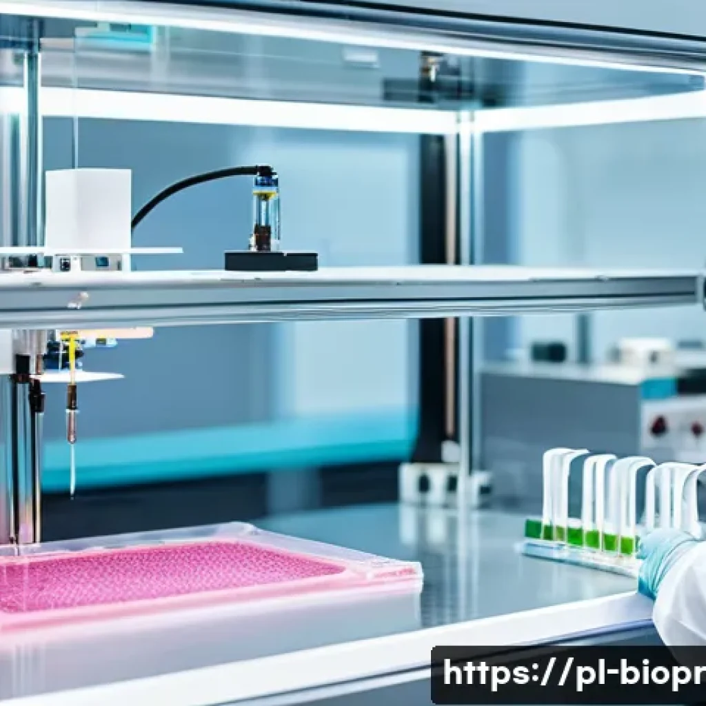 바이오프린팅을 활용한 재생 의학의 발전 - A highly detailed close-up of a 3D bioprinter in action within a modern Polish laboratory, extruding...