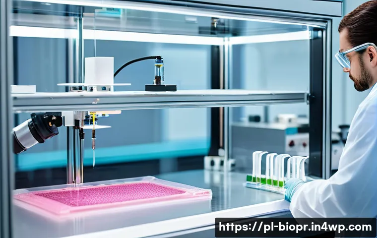 바이오프린팅을 활용한 재생 의학의 발전 - A highly detailed close-up of a 3D bioprinter in action within a modern Polish laboratory, extruding...