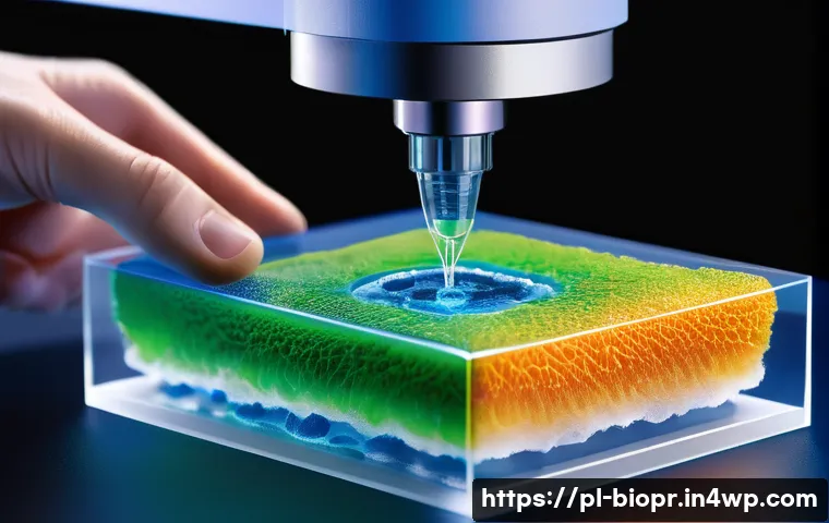 바이오프린팅을 위한 핵심 지식과 스킬 - A highly detailed scientific illustration of a 3D bioprinter in action, extruding soft hydrogel laye...