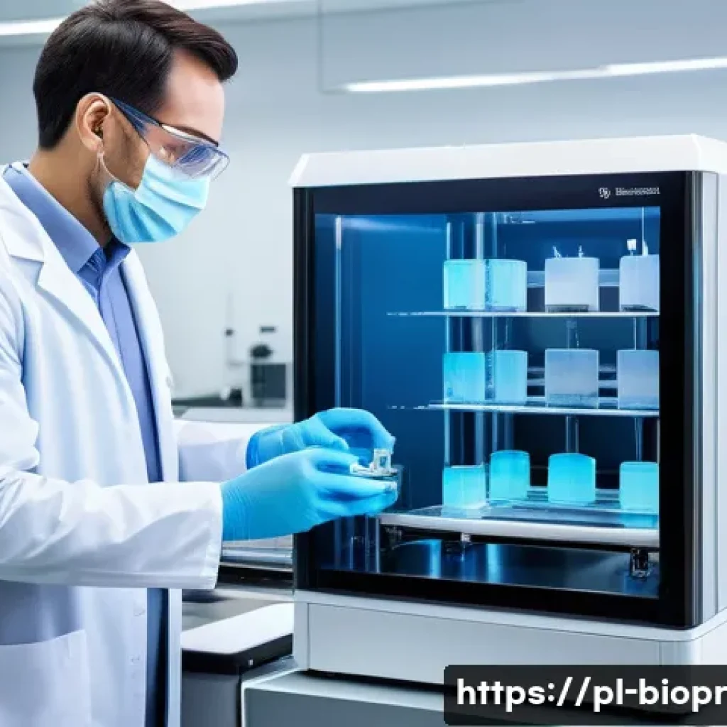 바이오프린팅의 시장 규모 및 성장 전망 - A highly detailed 3D bioprinter in a modern laboratory setting, printing complex layered human tissu...