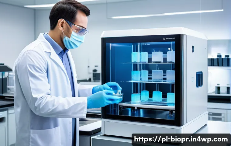 바이오프린팅의 시장 규모 및 성장 전망 - A highly detailed 3D bioprinter in a modern laboratory setting, printing complex layered human tissu...