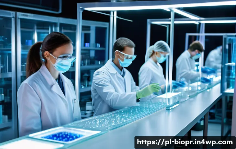 바이오프린팅 기술의 발전 현황 - A highly detailed scientific laboratory scene inside a modern Polish research center, featuring rese...