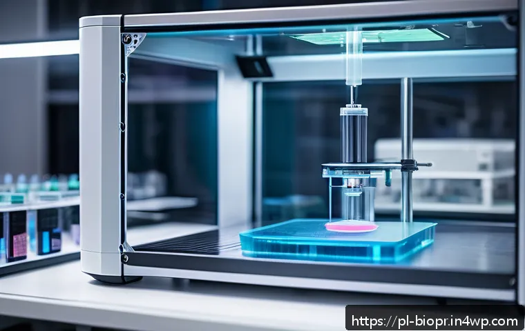 바이오프린팅의 연구개발 R D 트렌드 - A futuristic laboratory scene showcasing a multi-material 3D bioprinter in action, printing complex ...