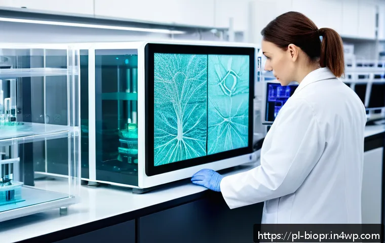 바이오프린팅을 통한 인체 치료의 혁신 사례 - A high-tech medical laboratory scene in Warsaw, Poland, showcasing a 3D bioprinter creating complex,...
