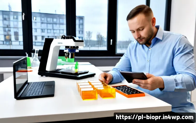 Home 17 바이오프린팅의 경제적 분석 및 투자 전략 - Photorealistic biotechnology investment workspace in Warsaw, Poland, featuring a clean desktop biopr...