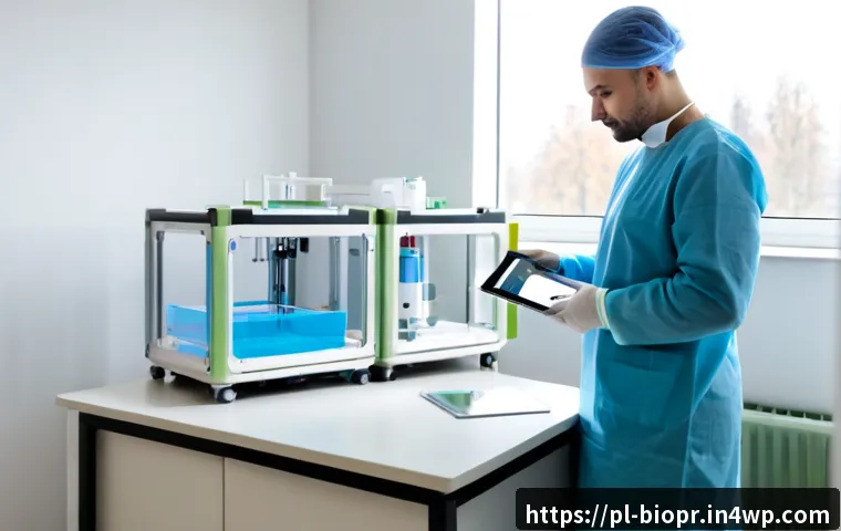 Home 17 바이오프린팅 기술이 의료 비용 절감에 미치는 영향 - Photorealistic modern Polish hospital laboratory, a biomedical engineer in clean protective attire e...